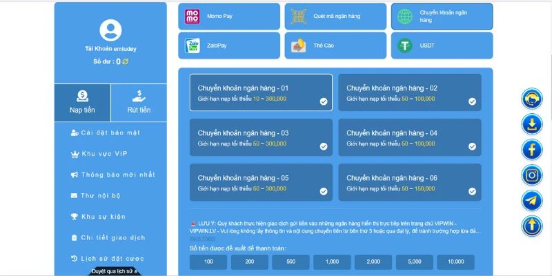 Quy trình nạp tiền VIPWIN 3 bước cực đơn giản với E-banking